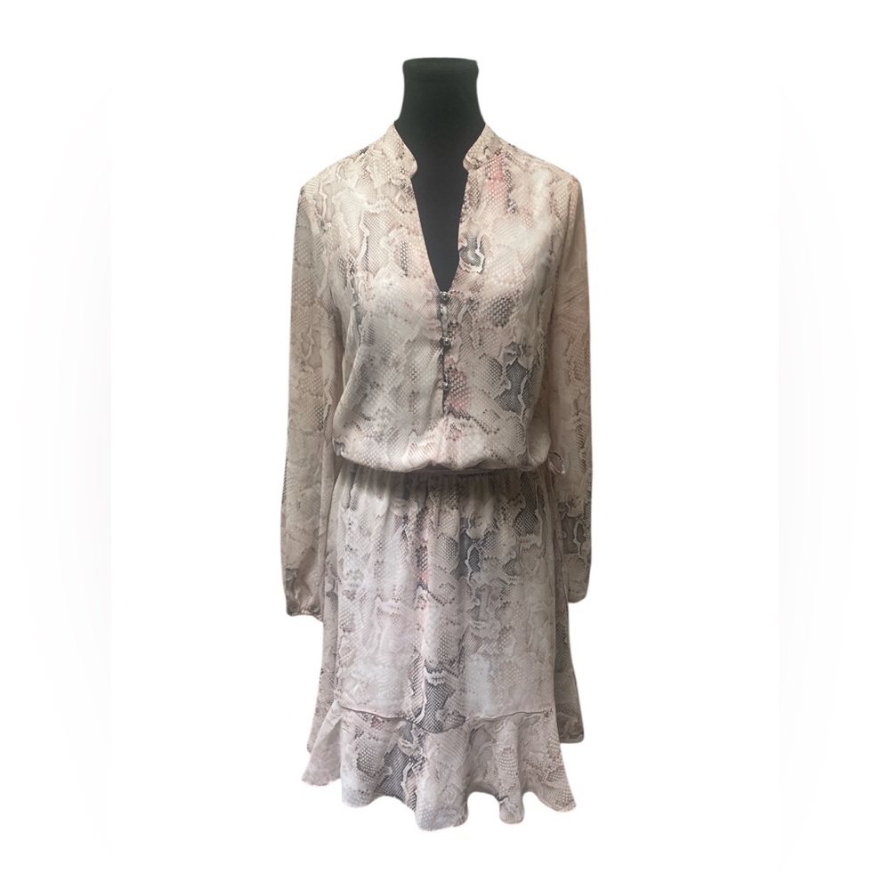 White House Black Market Beige Snake Print Long Sleeve Dress GUC 8